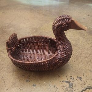 Vintage Woven Wicker Rattan Duck Basket W/ Wooden Beak & Open Back For Storage